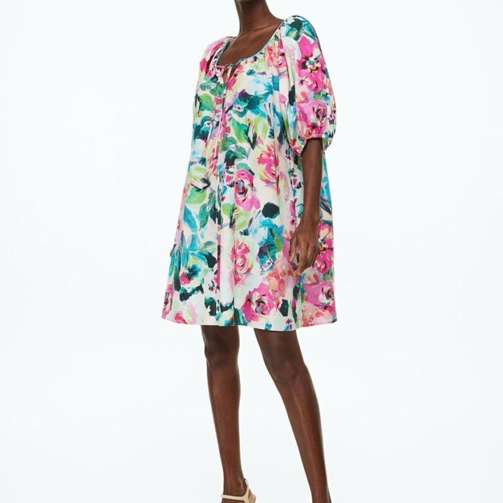 H&M PUFF-SLEEVED TIE-DETAIL FLORAL DRESS White Pink Green Blue Small